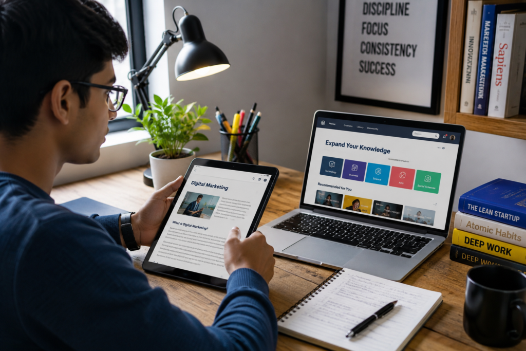 Student reading digital books and online learning resources on a laptop and tablet for effective self-study and skill development.