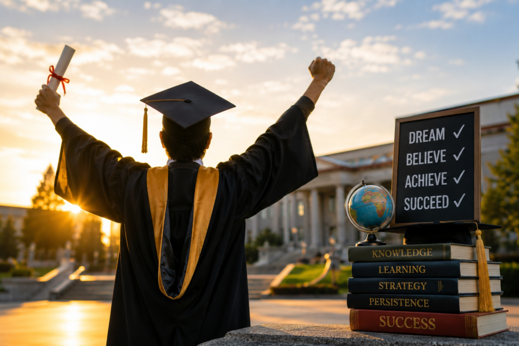 Successful graduate celebrating academic achievement after reaching educational goals through a well-planned study path and consistent learning.