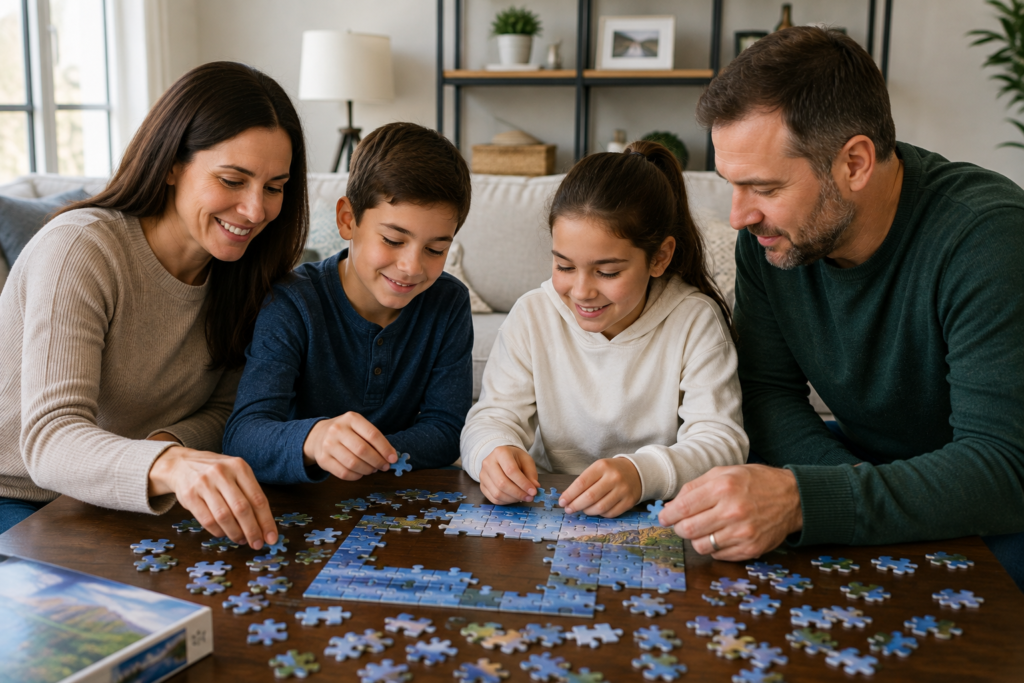 Family working together on a jigsaw puzzle to develop critical thinking and teamwork skills