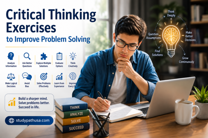 Critical thinking exercises for improving problem-solving skills with a student analyzing ideas at a study desk